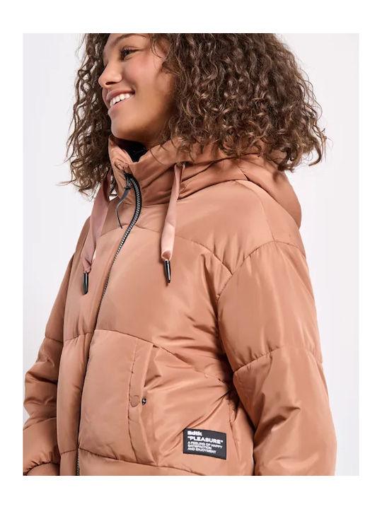 Women's Short Puffer Jacket for Winter with Hood Beige