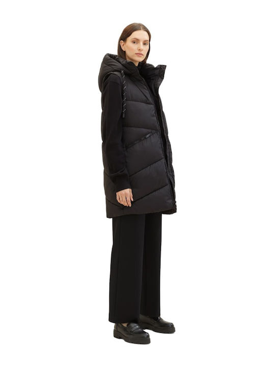 Lang Damen Ärmellos Puffer Jacke für Winter Schwarz