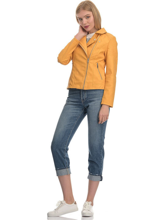 Women's Short Biker Artificial Leather Jacket for Winter Golden Apricot
