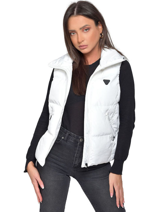 V104 Kurz Damen Ärmellos Puffer Jacke für Winter Weiß