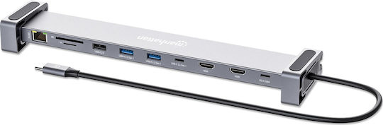Manhattan USB-C Docking Station με HDMI 4K PD Ethernet και σύνδεση 2 Οθονών Γκρι (190398)