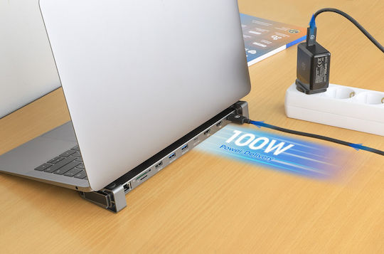 Manhattan USB-C Docking Station με HDMI 4K PD Ethernet και σύνδεση 2 Οθονών Γκρι (190398)