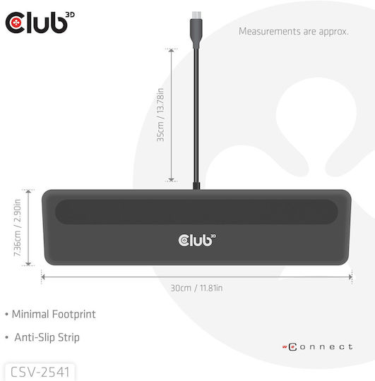 Club3D USB-C Docking Station with HDMI/DisplayPort 4K PD Ethernet and Support for 3 Monitors Black (CSV-2541)