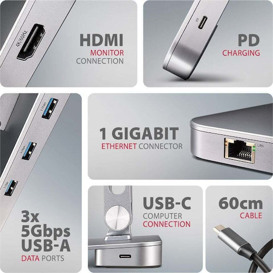 Axagon USB-C Dockingstation mit HDMI 4K PowerDelivery Ethernet Silber