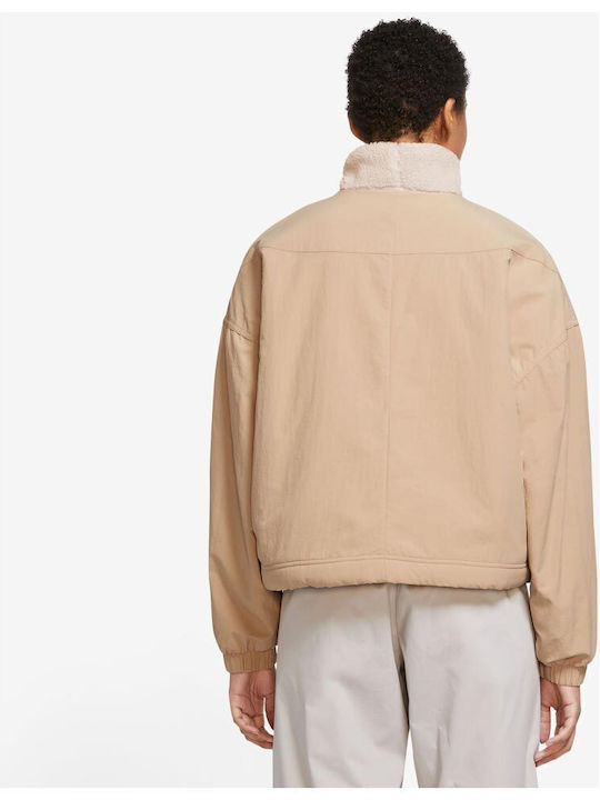 Sportswear Κοντό Γυναικείο Puffer Μπουφάν για Χειμώνα Μπεζ