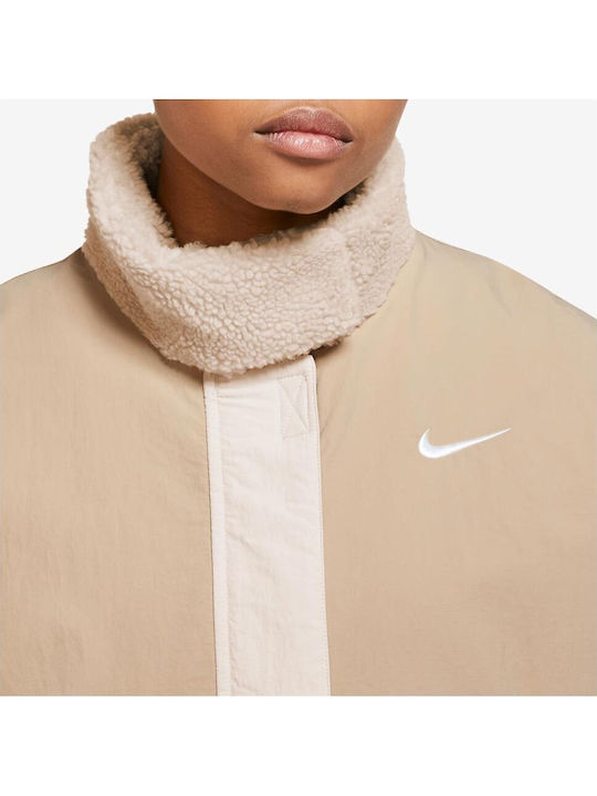 Sportswear Κοντό Γυναικείο Puffer Μπουφάν για Χειμώνα Μπεζ
