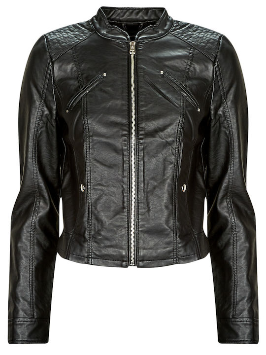 Favodona Women's Short Biker Artificial Leather Jacket for Spring or Autumn Black