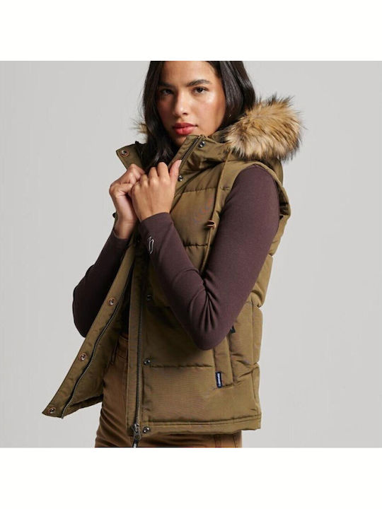 D3 Ovin Everest Faux Women's Short Puffer Jacket for Winter Khaki