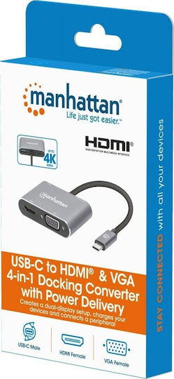 Manhattan USB-C Docking Station με HDMI 4K PD και σύνδεση 2 Οθονών Γκρι (130691)