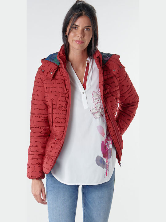Natasha Women's Short Puffer Jacket for Winter with Hood Red