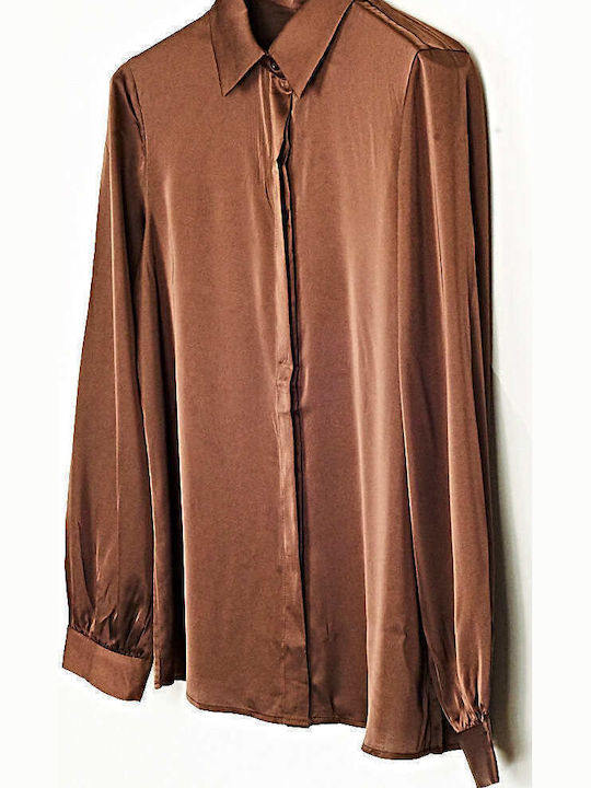 Women's Satin Long Sleeve Shirt Chocolat