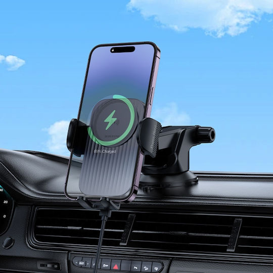 Borofone Car Mobile Mount with Adjustable Hooks and Wireless Charging Black