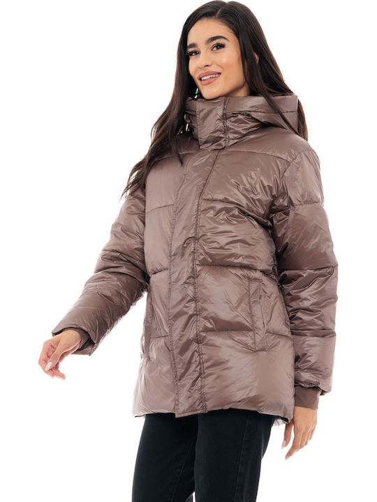 Women's Long Puffer Jacket for Winter with Hood Chocolate