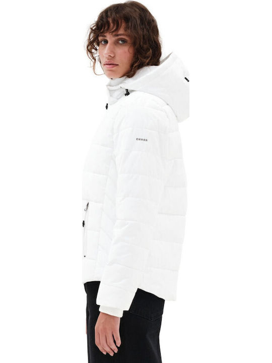 Women's Short Puffer Jacket Waterproof and Windproof for Winter with Detachable Hood White