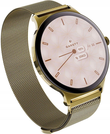 Garett Verona 2 Stainless Steel 43mm Smartwatch με Παλμογράφο (Gold Mesh)