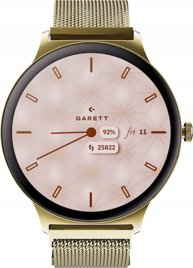 Garett Verona 2 Stainless Steel 43mm Smartwatch με Παλμογράφο (Gold Mesh)