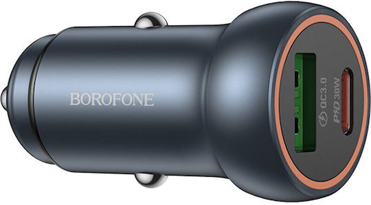 Borofone Auto-Ladegerät 30W Schnellladung mit Anschlüssen: 1xUSB 1xType-C Gray Farbe