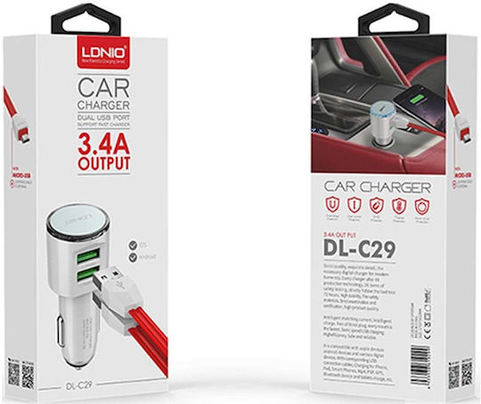 Ldnio Dl-c29 Car Charger Micro-USB Cable 2 USB Ports 12/24V