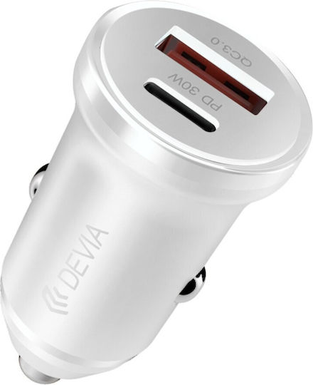 Devia Auto-Ladegerät 30W Schnellladung mit Anschlüssen: 1xUSB 1xType-C Weiß Farbe