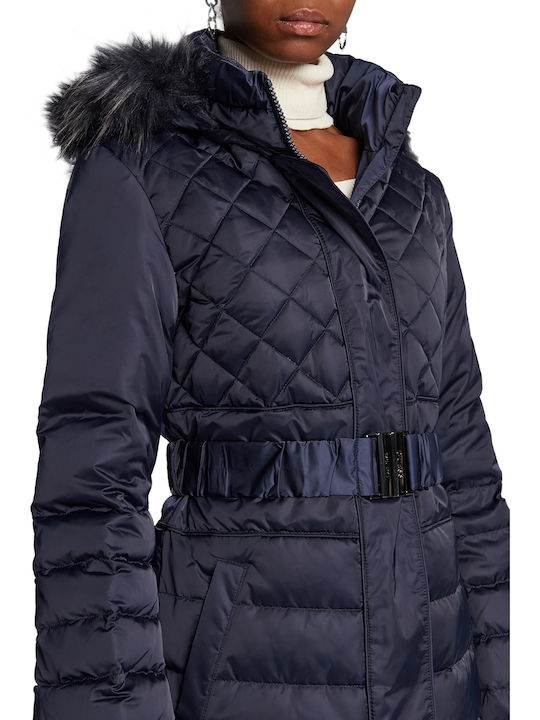 Women's Long Puffer Jacket for Winter with Hood Navy Blue