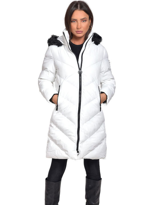 Urban V102 Lungă Jachetă de femei Puffer cu glugă de blană Alb