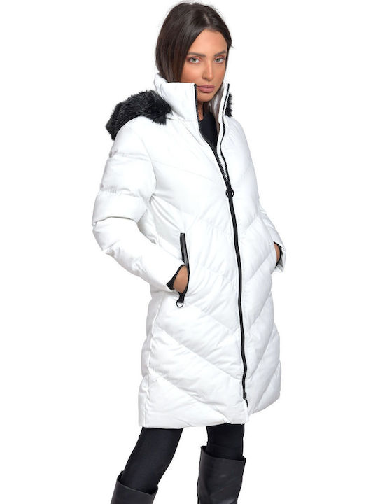 Urban V102 Lungă Jachetă de femei Puffer cu glugă de blană Alb