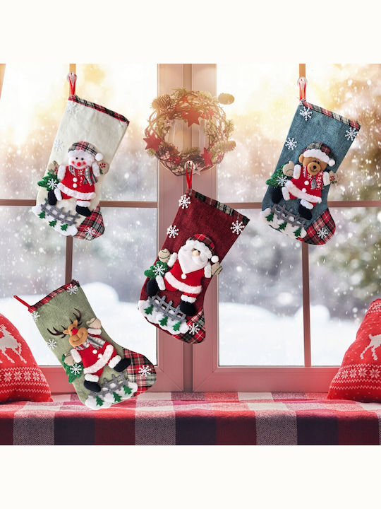 Șosetă Decorativă de Crăciun Poliester cu Άγιο Βασίλη / Ren / Om de zăpadă / Βrad mic L31xl19cm. 4buc