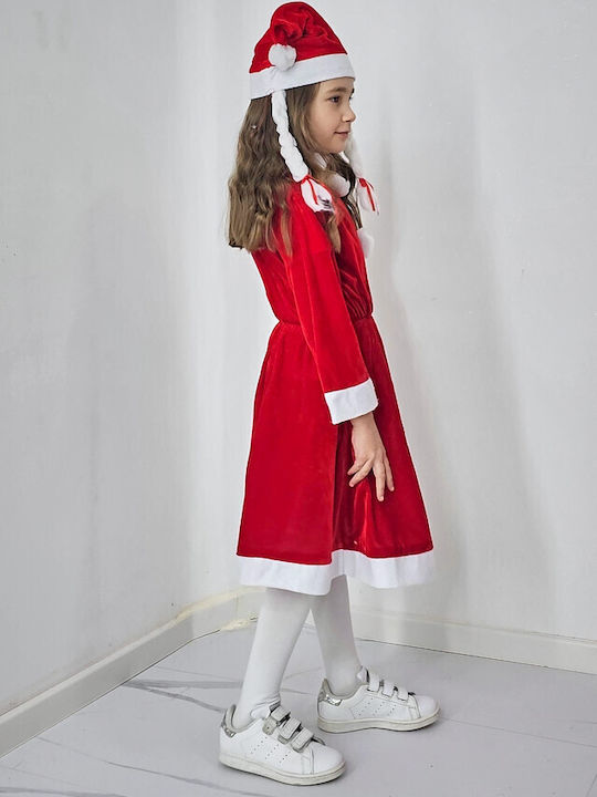 Rochie Catifea Missy Claus de Crăciun Set cu Căciulă Codițe Mărime 3-5 Ani