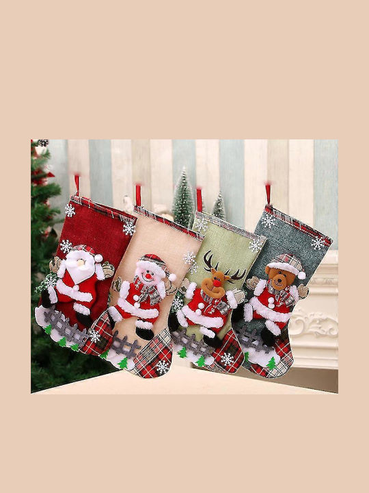 Șosetă Decorativă de Crăciun Poliester cu Άγιο Βασίλη / Ren / Om de zăpadă / Βrad mic L31xl19cm. 4buc