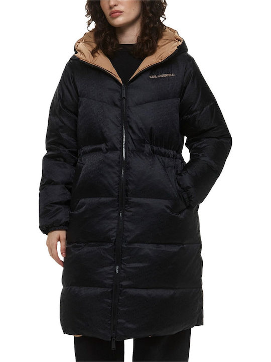Lang Damen Puffer Jacke Wendbar für Winter Black/Beige