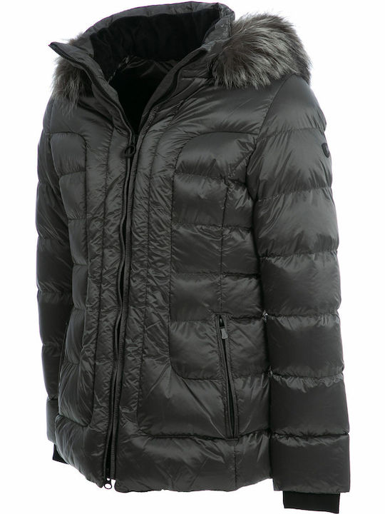 Belvitesse Short Women's Puffer Jacket with Furry Hood for Winter Gray