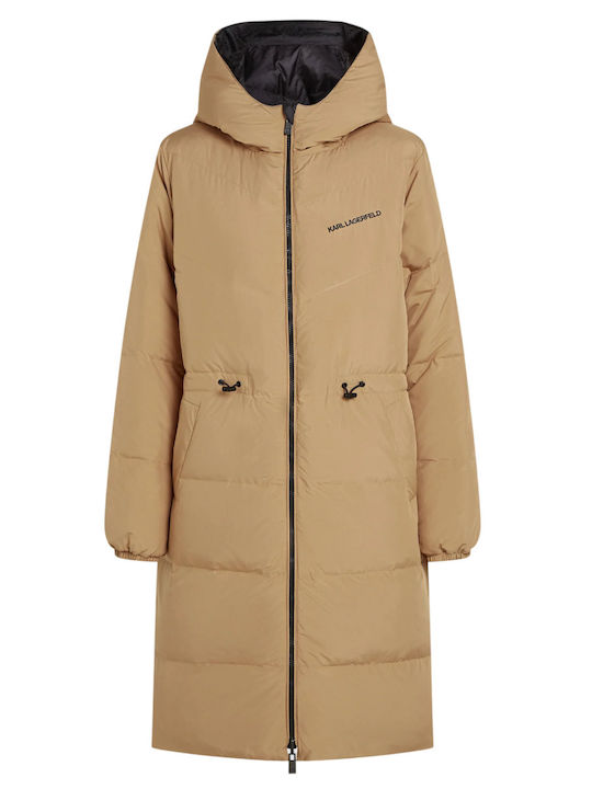 Lang Damen Puffer Jacke Wendbar für Winter Black/Beige