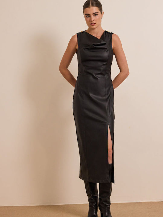 Noki Midi Evening Leather Drape Black Dress