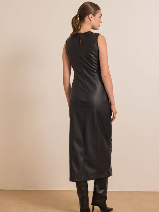 Noki Midi Evening Leather Drape Black Dress