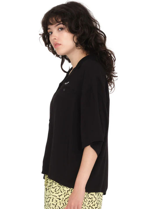 Woven" Langärmelig Damen Hemd Schwarz