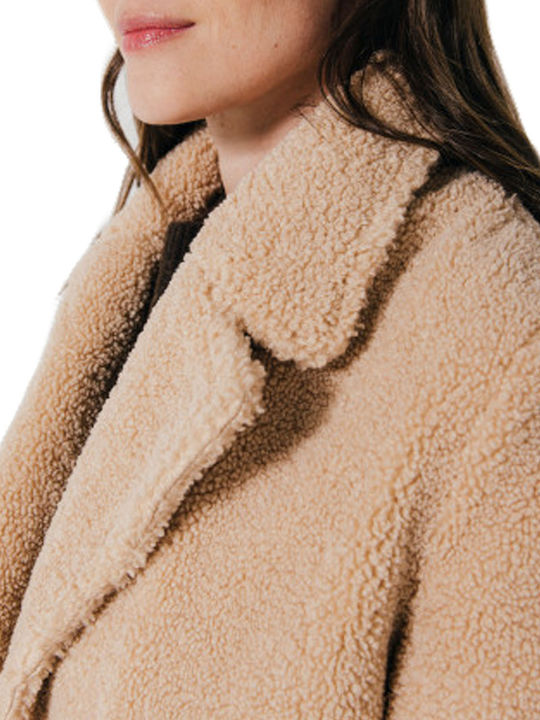 Curly Women's Beige Peacoat with Fur Details