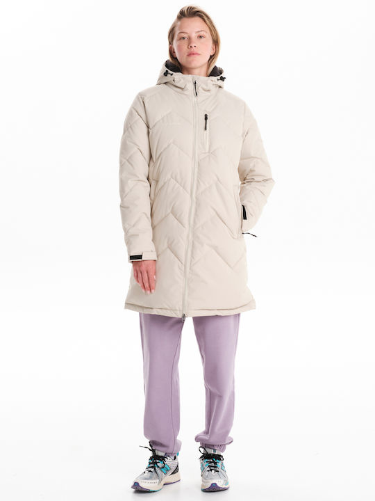 Women's Long Puffer Jacket Waterproof and Windproof for Winter with Hood Ecru