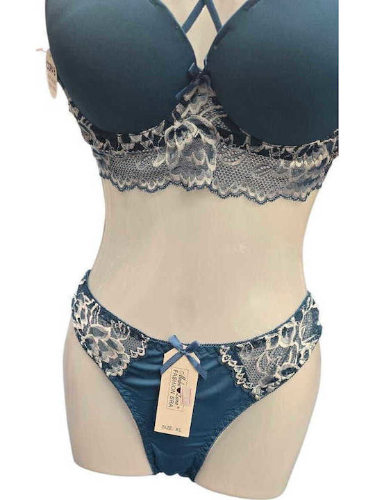 Luna Dantelat Set de Lenjerie Sutien cu Slip Albastru