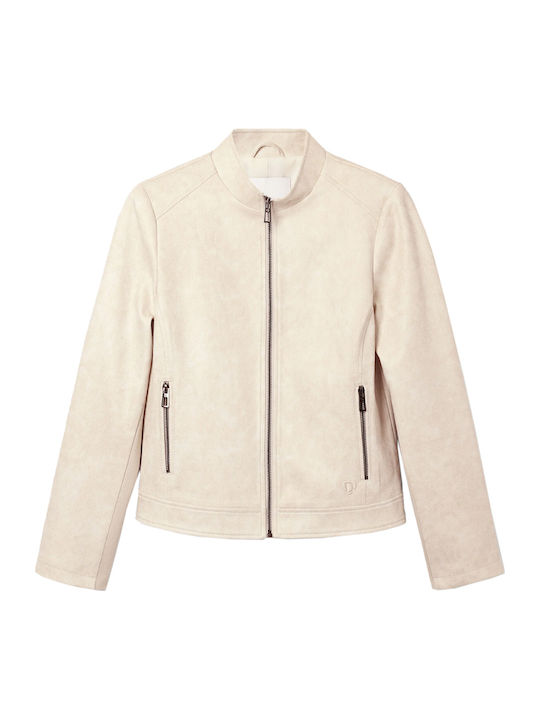 Toronto Women's Short Biker Leather Jacket for Winter Beige
