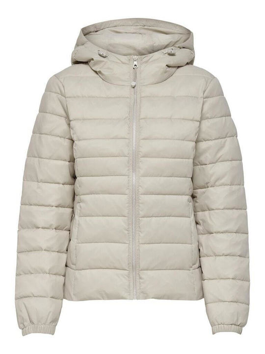 Women's Short Puffer Jacket for Winter with Hood Silver