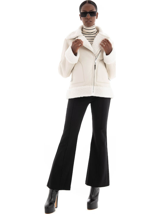 Women's Short Biker Artificial Leather Jacket for Winter White