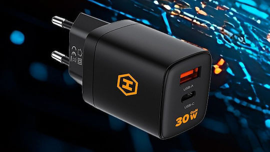 Hammer Φορτιστής Χωρίς Καλώδιο με Θύρα USB-A και Θύρα USB-C 30W Power Delivery Μαύρος (RapidCharge Duo)