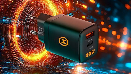 Hammer Φορτιστής Χωρίς Καλώδιο με Θύρα USB-A και Θύρα USB-C 30W Power Delivery Μαύρος (RapidCharge Duo)