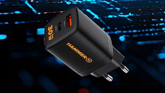 Hammer Φορτιστής Χωρίς Καλώδιο με Θύρα USB-A και Θύρα USB-C 30W Power Delivery Μαύρος (RapidCharge Duo)