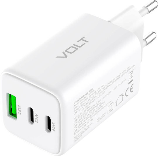 Yenkee Зарядно без кабел GaN с USB-A порт и 2 USB-C порта 65W Power Delivery / Quick Charge 2.0 Бял (YAC G65 VOLT)