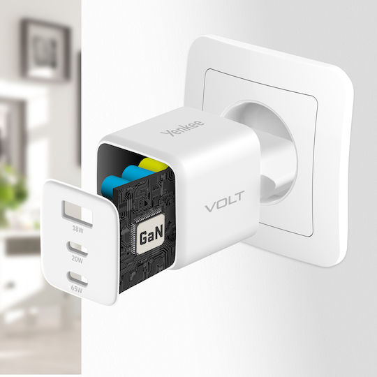 Yenkee Зарядно без кабел GaN с USB-A порт и 2 USB-C порта 65W Power Delivery / Quick Charge 2.0 Бял (YAC G65 VOLT)