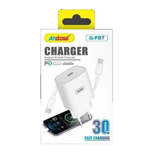Andowl Φορτιστής με Θύρα USB-C και Καλώδιο USB-C - USB-C 30W Power Delivery Λευκός (Q-PD7)