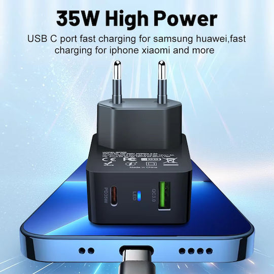 Techsuit Charger with Built-in Cable GaN with USB-A Port and USB-C Port 35W Power Delivery / Quick Charge 3.0 Whites (CHPD173)