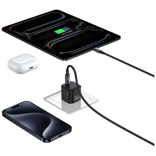 Usams Charger GaN with USB-C Port and Cable USB-C - Lightning 30W Power Delivery Whites (CC262)