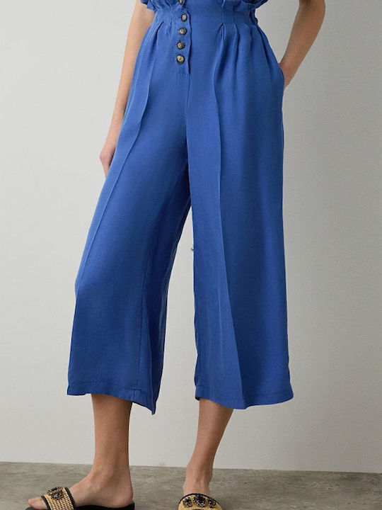 Women's High-waisted Fabric Capri Trousers with Elastic Regular Fit Azure Blue
